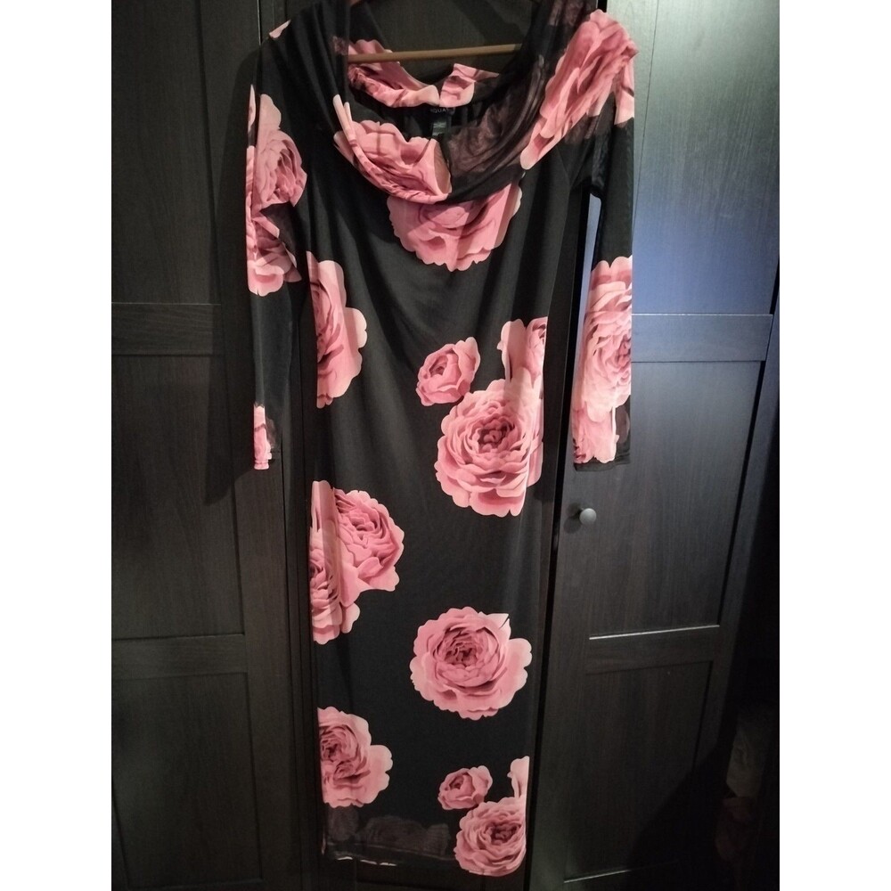 Bloomingdale AQUA Mesh Maxi Dress Black Pink Rose Off-Shoulder Long Sleeve Large